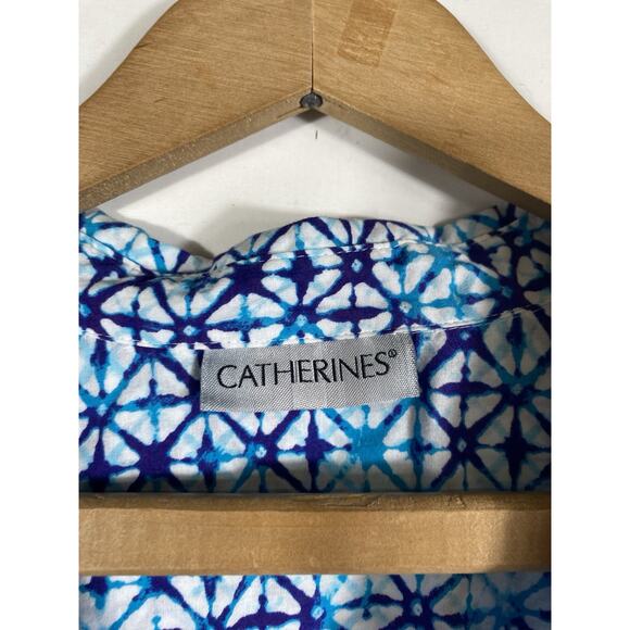 Catherines Top Size 1X Button Up Blue & White Print Coastal Beachy Blouse Mature - Picture 9 of 14